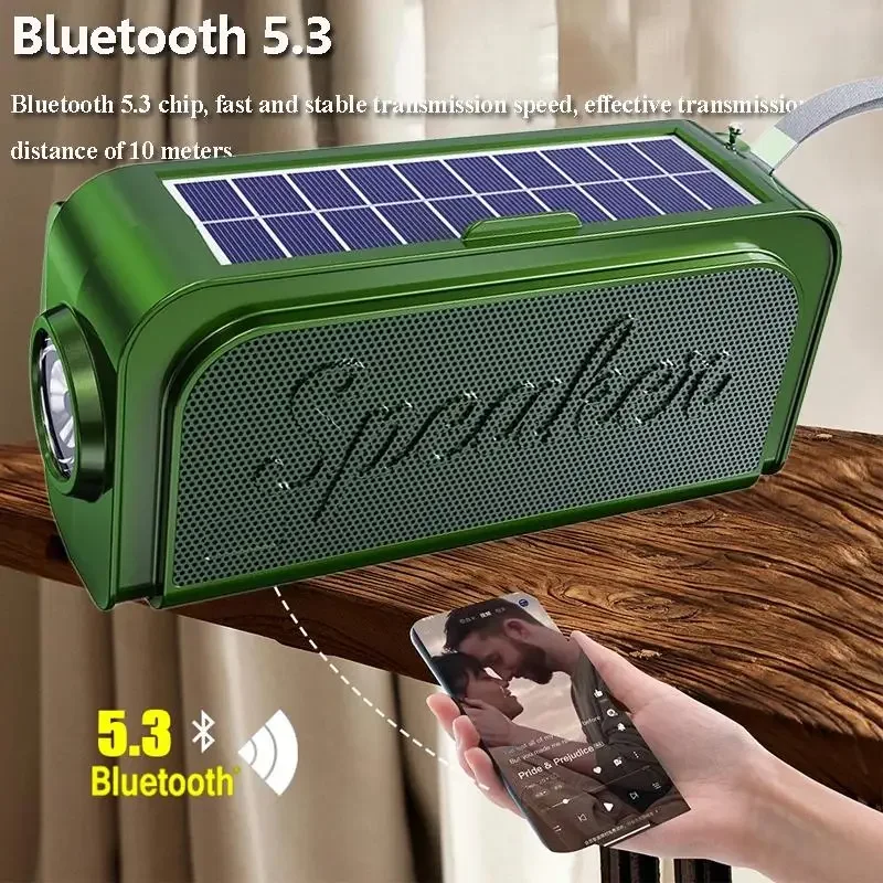 Sistema de Audio para exteriores con energía Solar, Altavoz Bluetooth, reproductor de música MP3 inalámbrico portátil con linterna LED, compatible con tarjeta FM, USB y TF