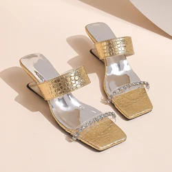 Rhinestone Sandals Women's New Summer Square-toed High Heels Open-toed Flip-flops with Abnormals