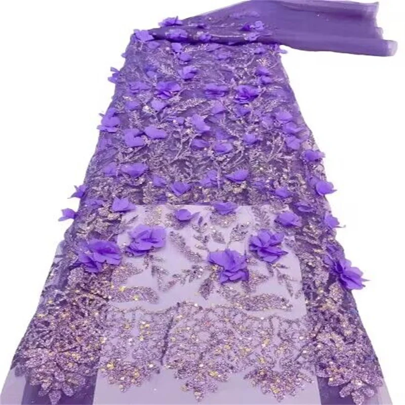 Tecido De Renda De Lantejoulas Francesas Para Vestido De Festa, Tule Africano, Flor 3D, Grânulos Nigerianos, Alta Qualidade, 5 Jardas