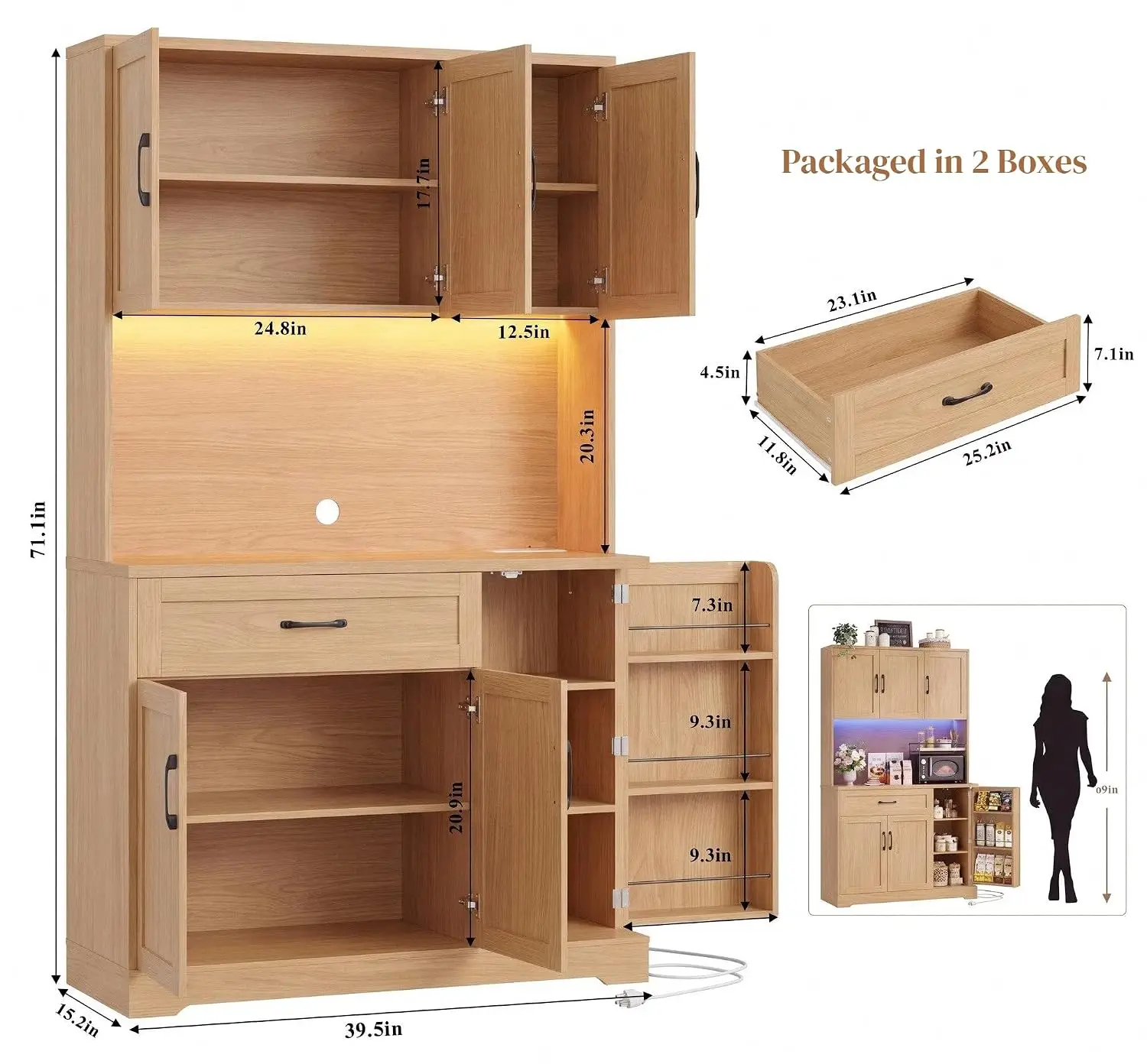 71'' Tall LED Kitchen Pantry Cabinet with Power Outlet & Door Rack, Customized