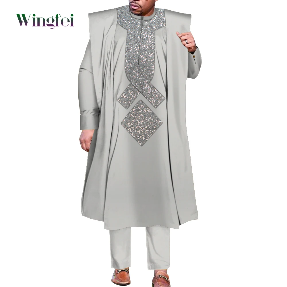 African Men Boubou Dashiki Agbada Robe Suits 3 Piece Sets Slim Men African Outfit Nigerian Clothes Bazin Riche Robe WYN1361