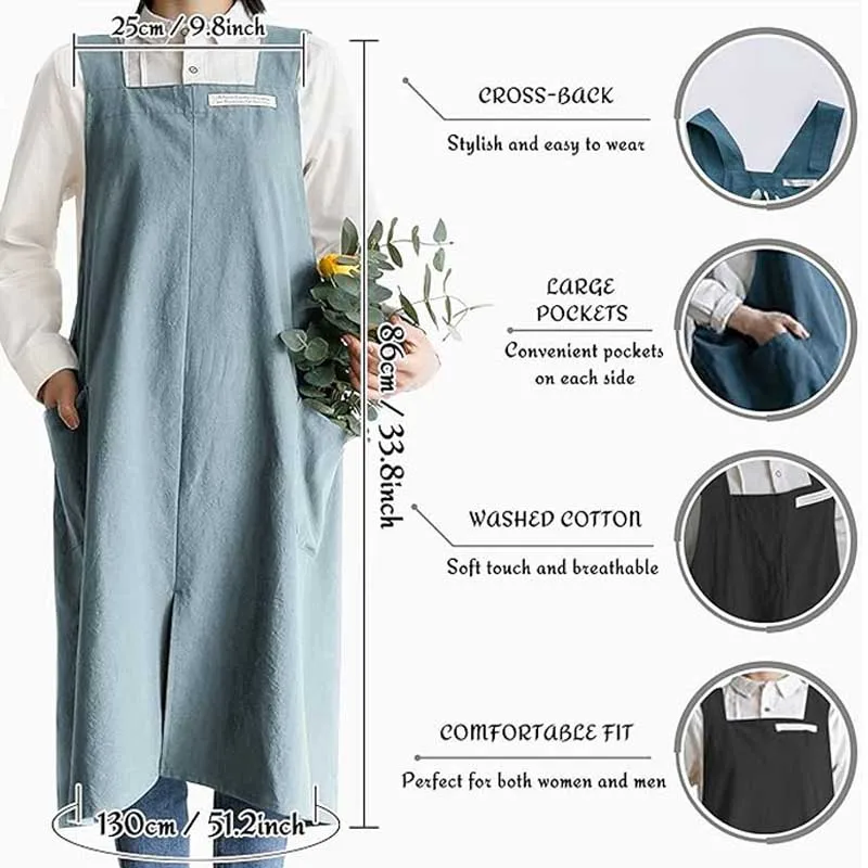 Split No-ties Cross Back Cotton Linen Kitchen Apron with Pockets for Women Men Washable Pinafore for Cooking Baking Cleaning