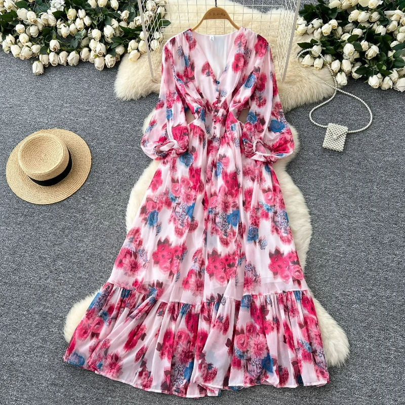 

Vintage Dress Women Print Lantern Sleeve V Neck Dresses Party A Line Casual Ruffles Elastic Waist Floor Length Vestidos Elegant