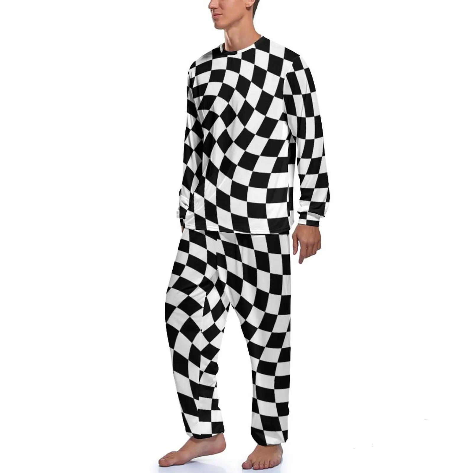 Abstract Checkerboard Pajamas Long-Sleeve Black and White Checker 2 Piece Leisure Pajamas Set Autumn Male Pattern Cute Sleepwear