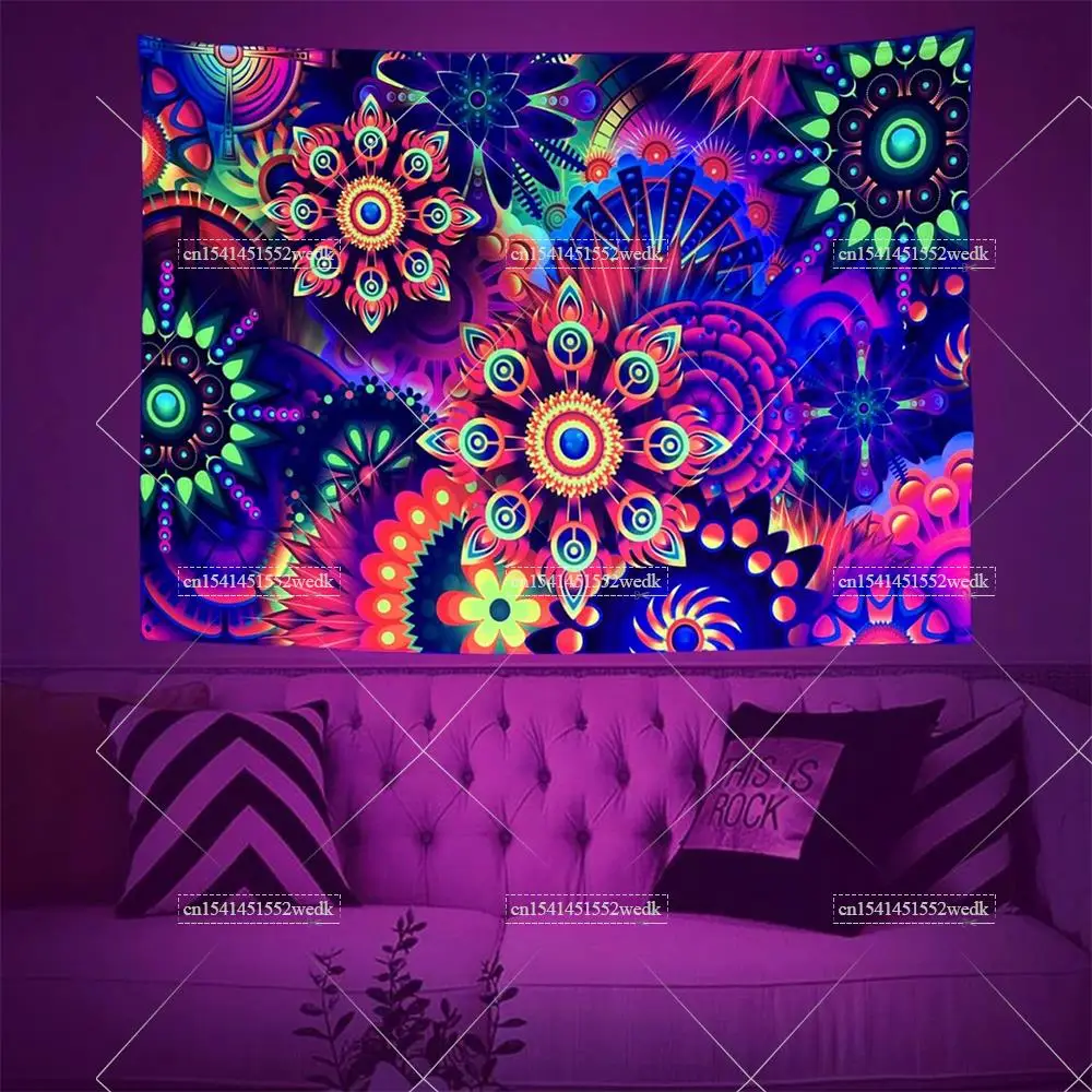 Tapisserie murale Boho à lumière noire, Mandala coloré, Floral, tenture murale, esthétique réactive aux UV, brille dans la nuit, arrière-plan de fête