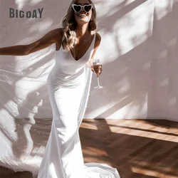 Elegante sereia vestidos de casamento feminino aberto volta com decote em v cintas de espaguete crepe simples vestidos de noiva personalizado