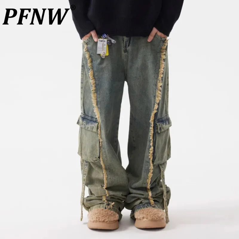 PFNW Dyed Worn-out Rough Selvedge Multiple Pockets Jeans Male American Washed Loose Chic Straight Wide Leg Trousers New 28W4404