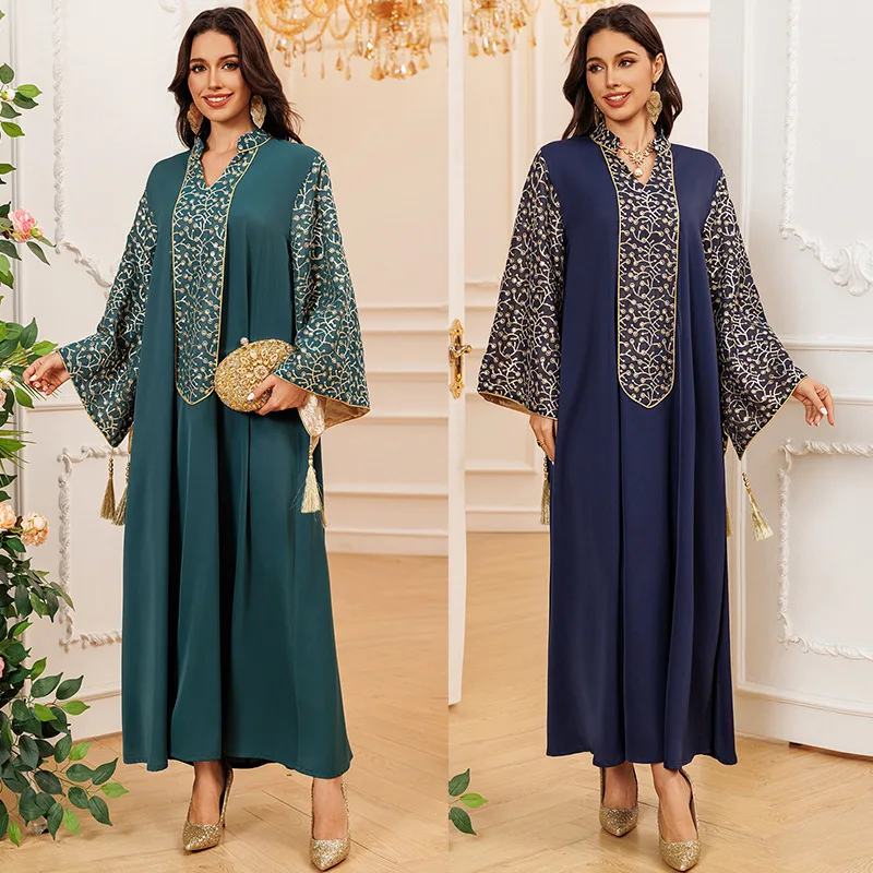 

Saudi Ramadan Arabic Party Dress for Women Abaya Muslim Embroidery Abayas Tassel Sleeve Morocco Kaftan Robe 2025
