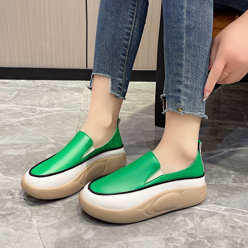 

Shoes Woman 2024 Trend Colored Round Head Fashion Leather Shoes for Women Wearing Comfortable Thick Sole Shoes on The Outside