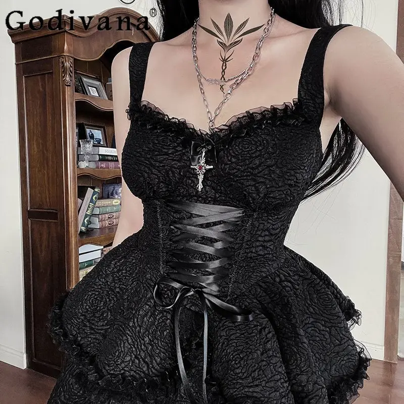 다크 고딕 스트랩 드레스 여성용 일본 스타일 허리 슬림핏 로리타 케이크 드레스 여성 여름 블랙 숏 로리타 드레스