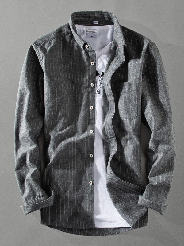 

Retro Striped Long Sve Men's irt Simple Sle Polyester Fiber Youth Casual Commute Sle Flip Collar Polyester Fiber