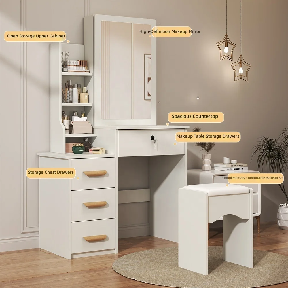 Flip-Top Hidden-Mirror Panel Dressing Table Multifunctional Storage Makeup Desk Side Drawer Cabinet Vanity Stool Set Creamy