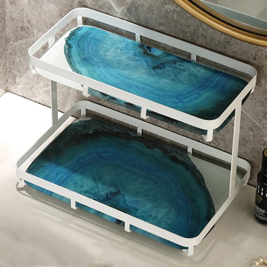 Bathroom Double Layer Metal Ceramics Rack Marble Desktop Storage Tray Basin Cosmetic Rectangular Organize