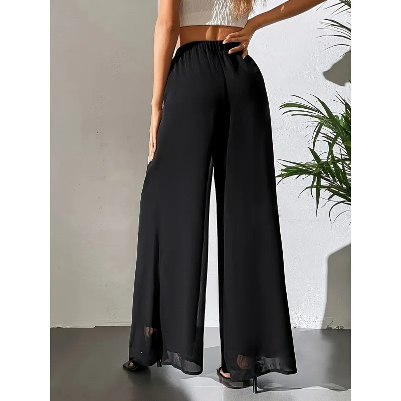 Loose Silk Chiffon Wide Leg Pants High Waist Trousers for Women Casual Spring 2025 Commute Style Drawstring Design