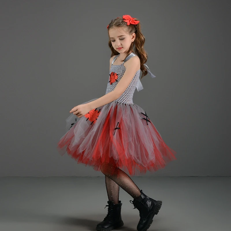 Costume d'Halloween Effrayant en Tulle pour Enfant, Robe et Pinces à Cheveux, Tenue de Vacances Cosplay pour Fille