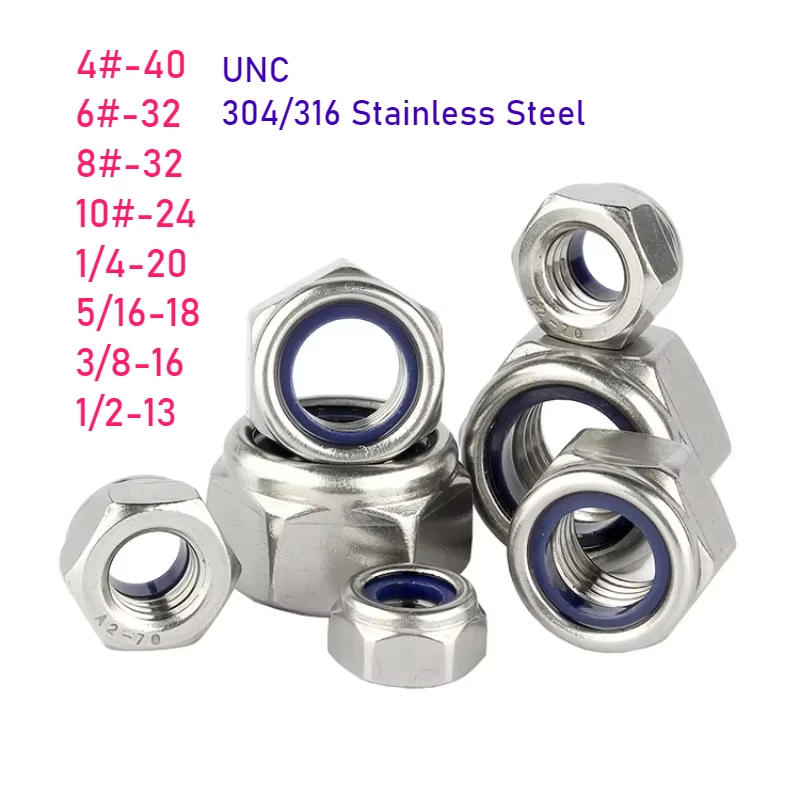 UNC 4 # -40 6 # -32 8 # -32 10 # -24 1/4-20 5/16-18 3/8-16 1/2-13 304/316 Inserção de nylon de aço inoxidável Porca sextavada Porca autoblocante