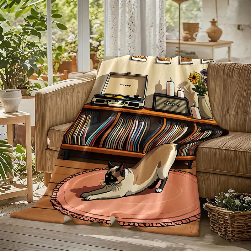 Cozy Room Cat Vinyl Records Flannel Blanket Perfect for Sofa Office Bed Travel Sleep Read Relax Camping Four Season Use