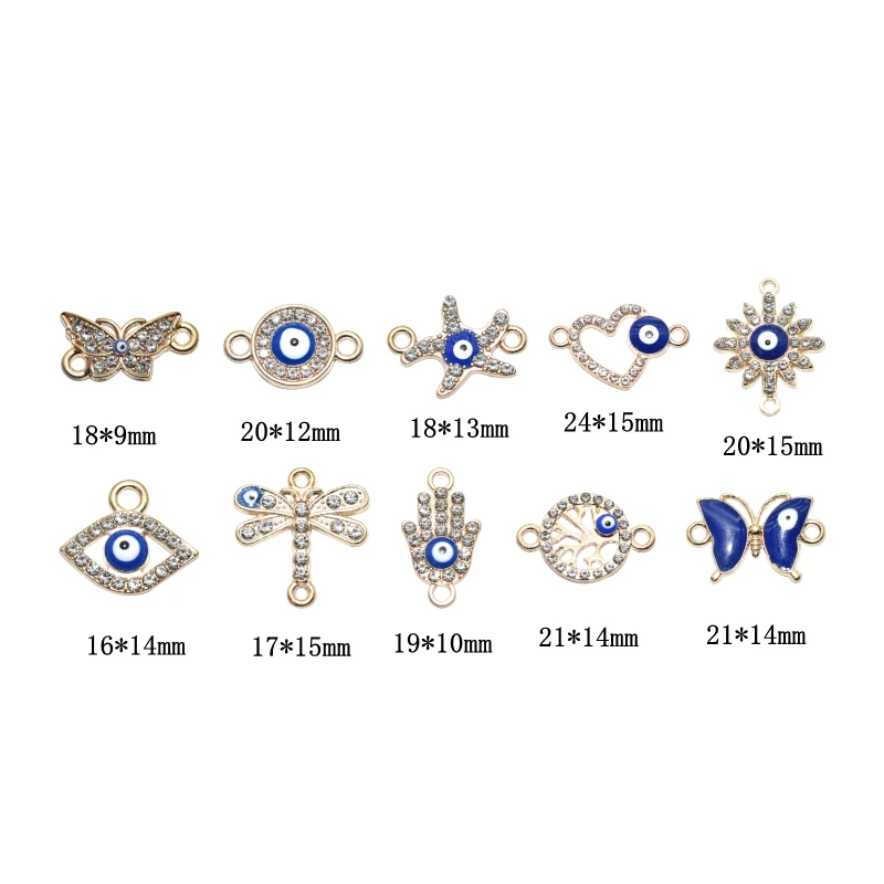 10pcs Mixed Evil Eye Enamel Charms With Rhinestones Alloy Metal Connector Pendants For DIY Bracelet Necklace Jewelry Making
