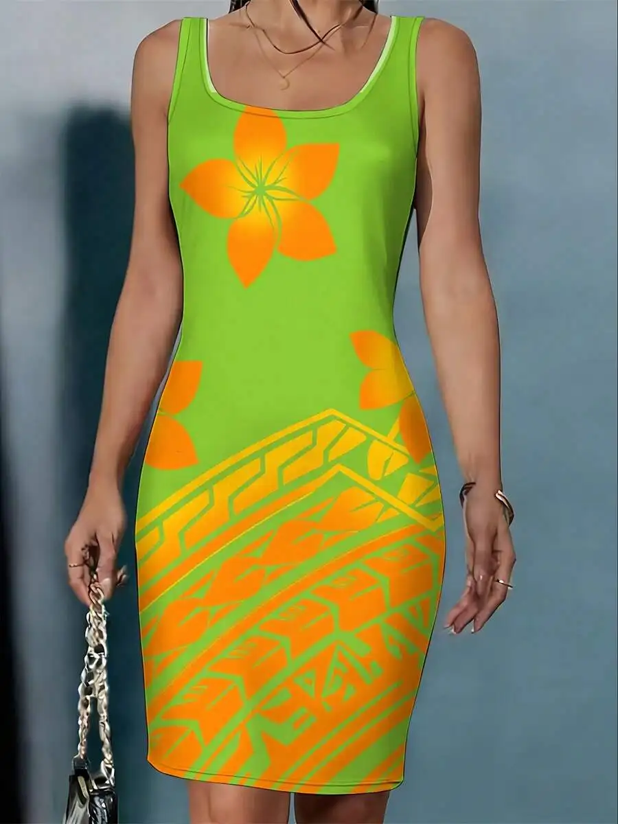 

Tropical Flower Print Round Neck Sleeveless Bodycon Tank Dress For Women Summer Beach Party Wear