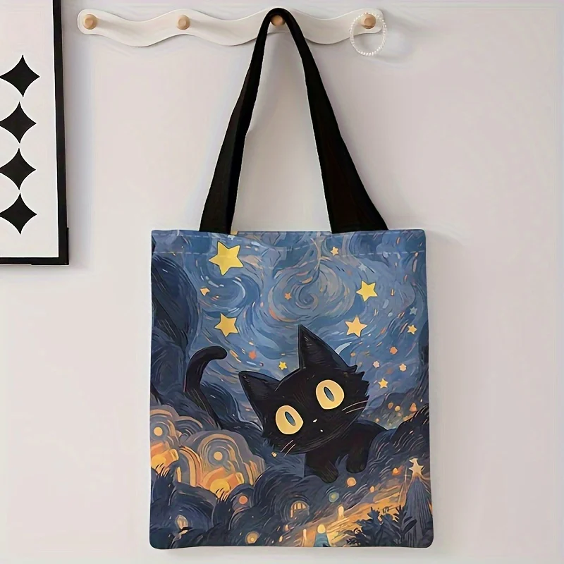 Borsa tote stampata con motivo gatto notturno nero Borse shopper a tracolla in tessuto di cotone per cartoni animati per borsa da donna Borsa riutilizzabile pieghevole ecologica