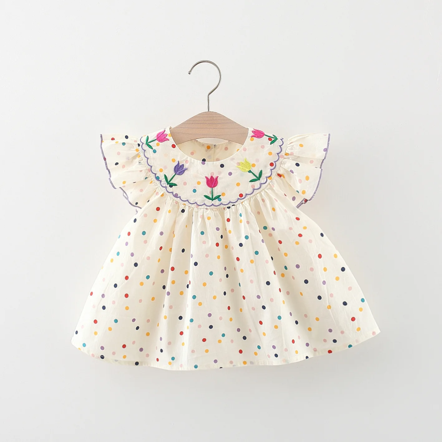 Girls Summer New Short sleeved Dress Flower Embroidered Colorful Dotted Doll Neck Princess Dress 0-3 Years Old