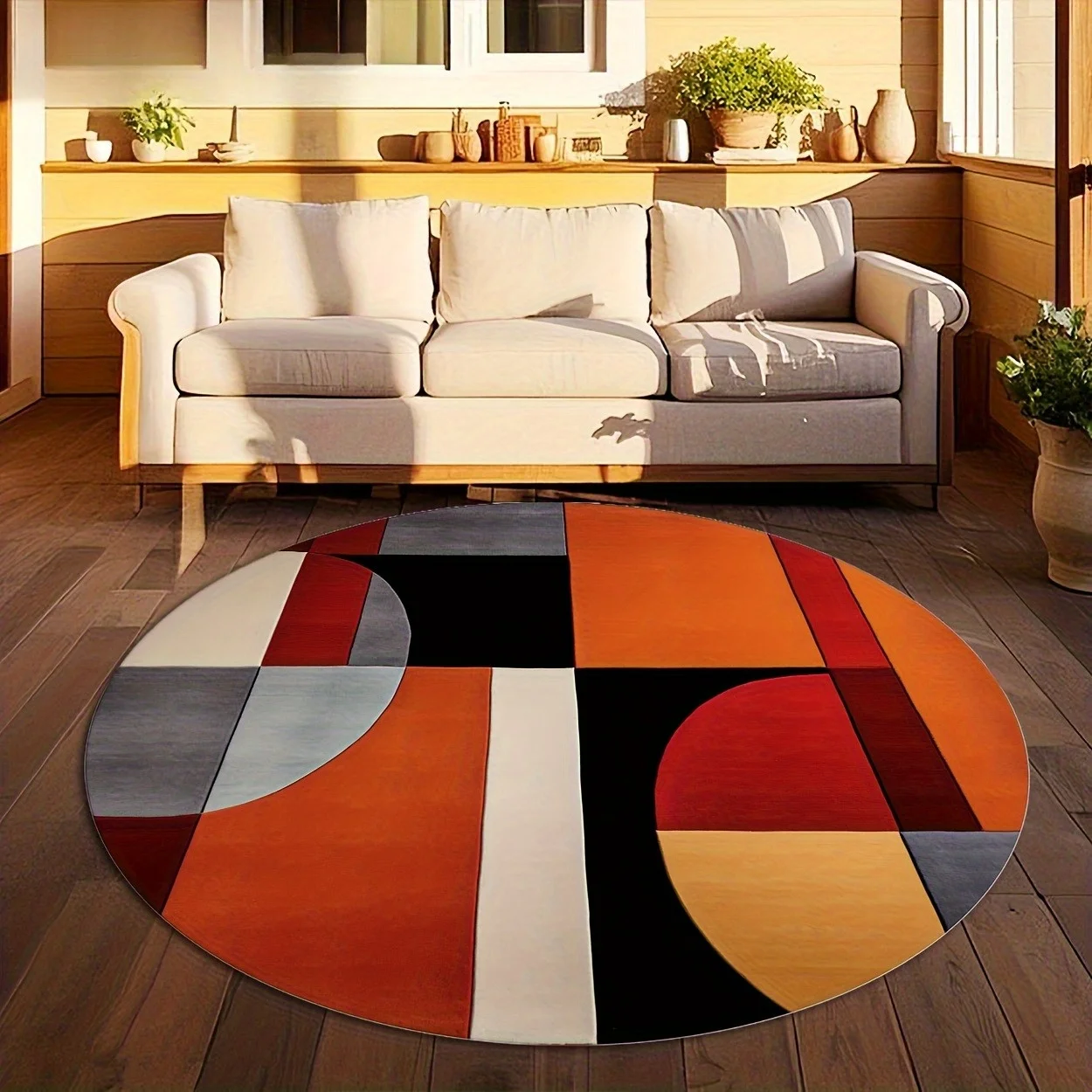 Vintage Abstract Color Block Circular Area Rug  Mid Century Geometric Round Mat Warm Tone Home Office Sofa Floor Rug