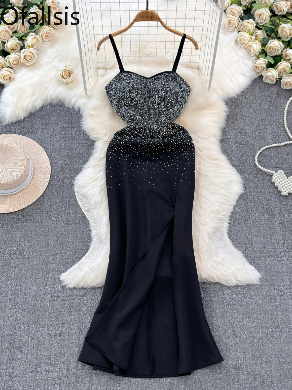 Ofallsis Strapless High end Light Luxury Temperament Long Suspender Dress 2024 Summer New Sexy Host Long Birthday Party Dresses