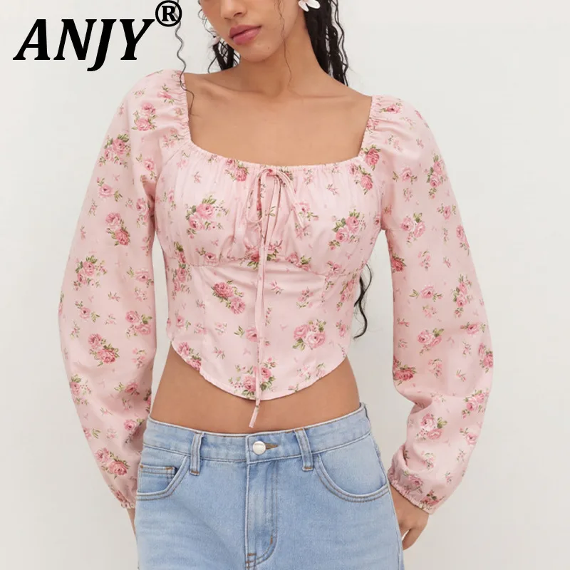 

ANJY Spring Autumn New Women Elegant French Style Long Sleeve Floral Square Collar Pullover Shirt Trendy Sweet Casual Top A21811