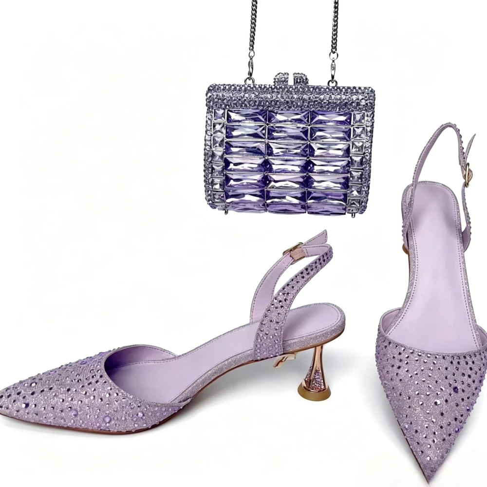 2026 Lilac Square Amethyst Chain Clutch Bag Gradient Rhinestone Slingback Heels Women Runway Evening Party Wedding Matching Set view 6