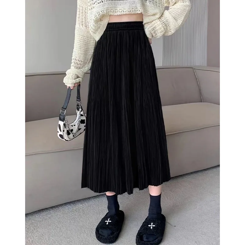 Casual Slimming Long Skirt Spring Autumn 2026 Elegant Leisure Women's Midi Skirt Fashionable Pleated Skirt with Elastic Waist