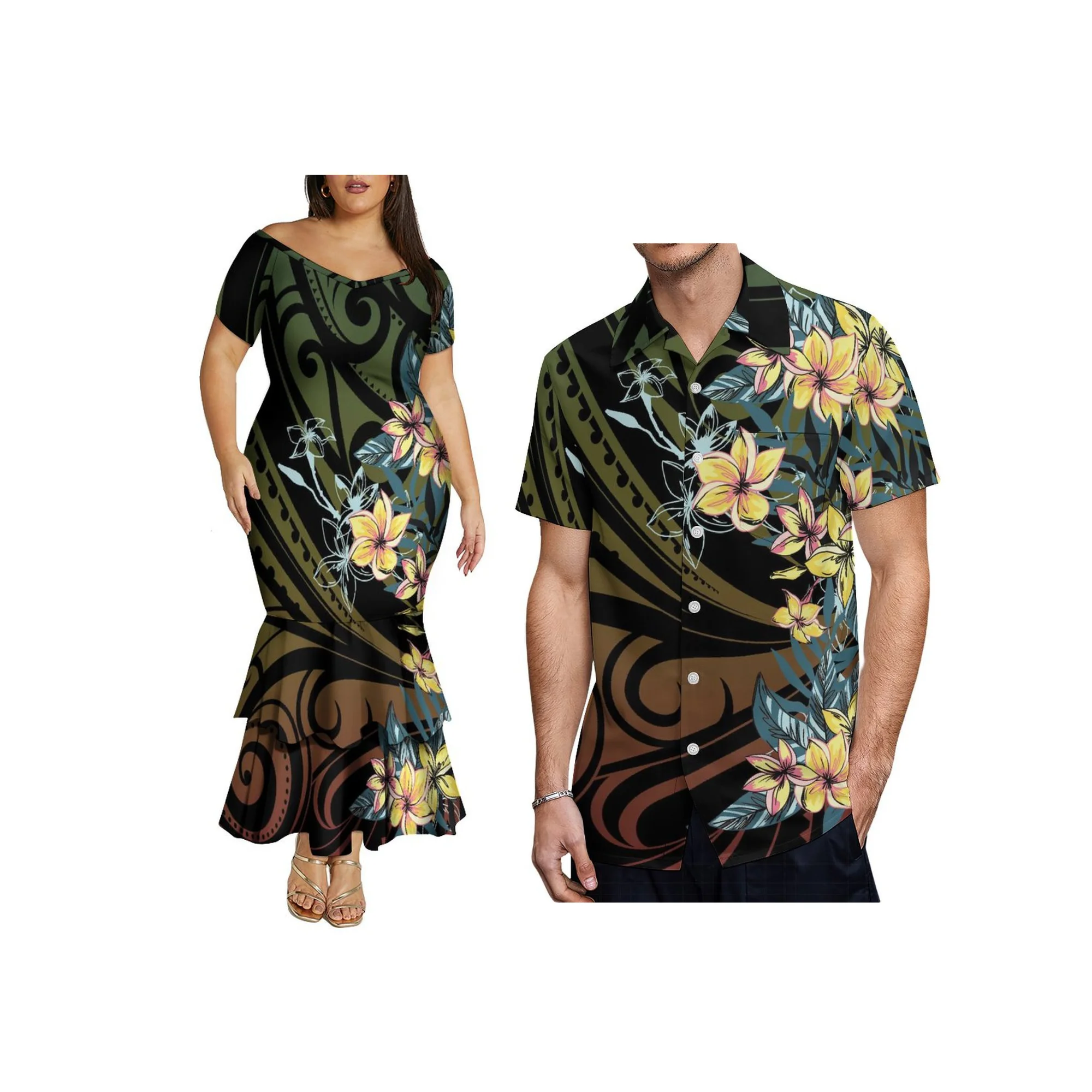 Nueva fábrica, venta al por mayor, ropa personalizada para parejas, diseño samoano, vestido de cola de pez con hombros descubiertos, camisa de secado rápido para hombres de talla grande