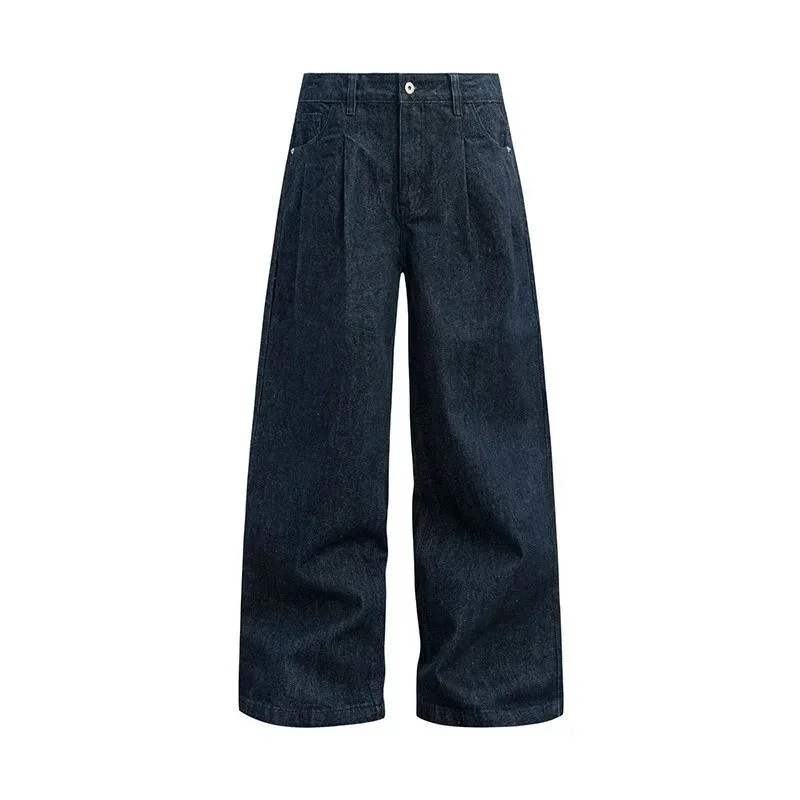 American Style Wide Leg Men's Jeans Trendy Loose Floor Silhouette Straight Denim Pants Solid Color Male Trousers 9WVWTC