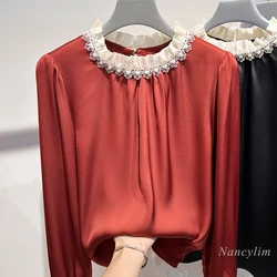 2024 Spring Temperament Red Shirt Women Stand Collar Pleated Lace Bead Stitching Pullover Long Sleeve Chiffon Blouse Lady Top