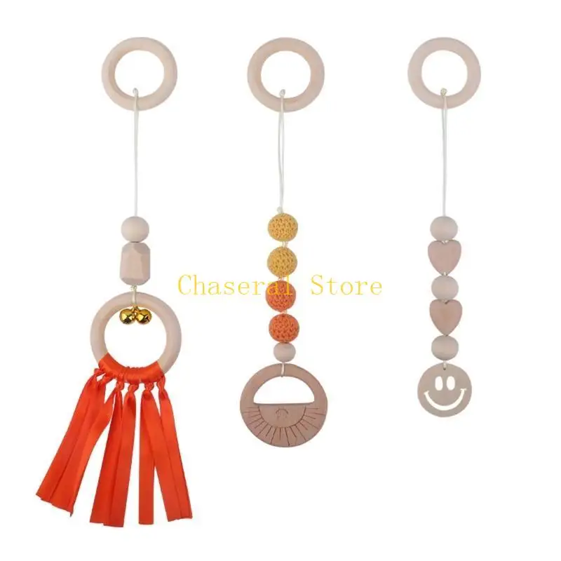 E7CE 3 Pcs/Set Baby Gym Frame Pendants Beech Wooden Ring Knit Beads Teether Stroller Rattle Infants Newborn Teething Nursing
