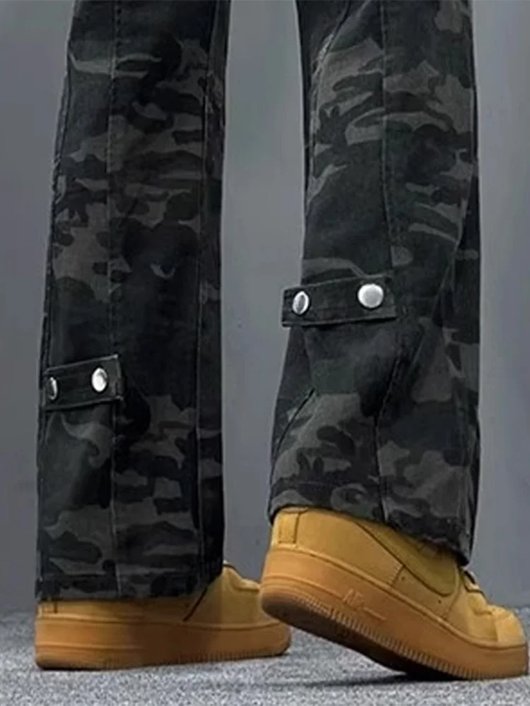 

Мужские джинсовые джинсы Bootcut, осенне-зимняя камуфляжная рабочая одежда, прямые брюки в американском стиле ретро с высокой талией и застежкой-молнией