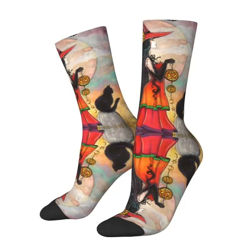 Funny Halloween Witch And Black Cat Fantasy Art Socks Men Women Warm 3D Print Occult Gothic Wiccan Football Sports Socks