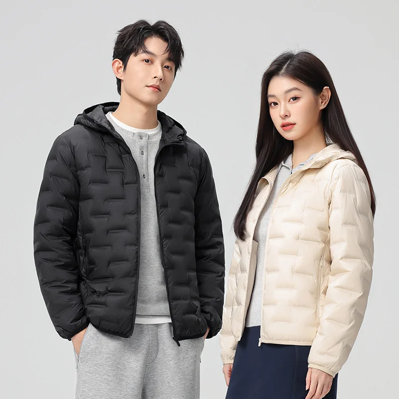 Men Women Lightweight Down Jacket, Outdoor Sports Hooded Puffer Coat, Fleece Lined Warm Parka