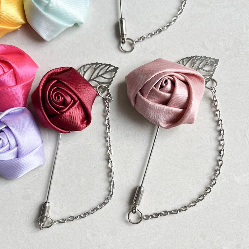 Lapel Pins Boy Friend Boutonniere Wedding Party Prom Brooch Flowers Silvery Chain Ribbon Roses Buttonhole Corsage Accessories