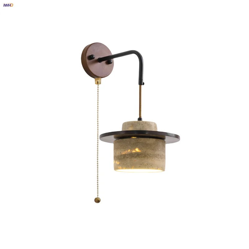 IWHD Pull Chain Switch LED Wall Light Fixture Restaurant Kitchen Yellow Travertine Stone Wood Nordic Modern Bedside Lamp Sconce