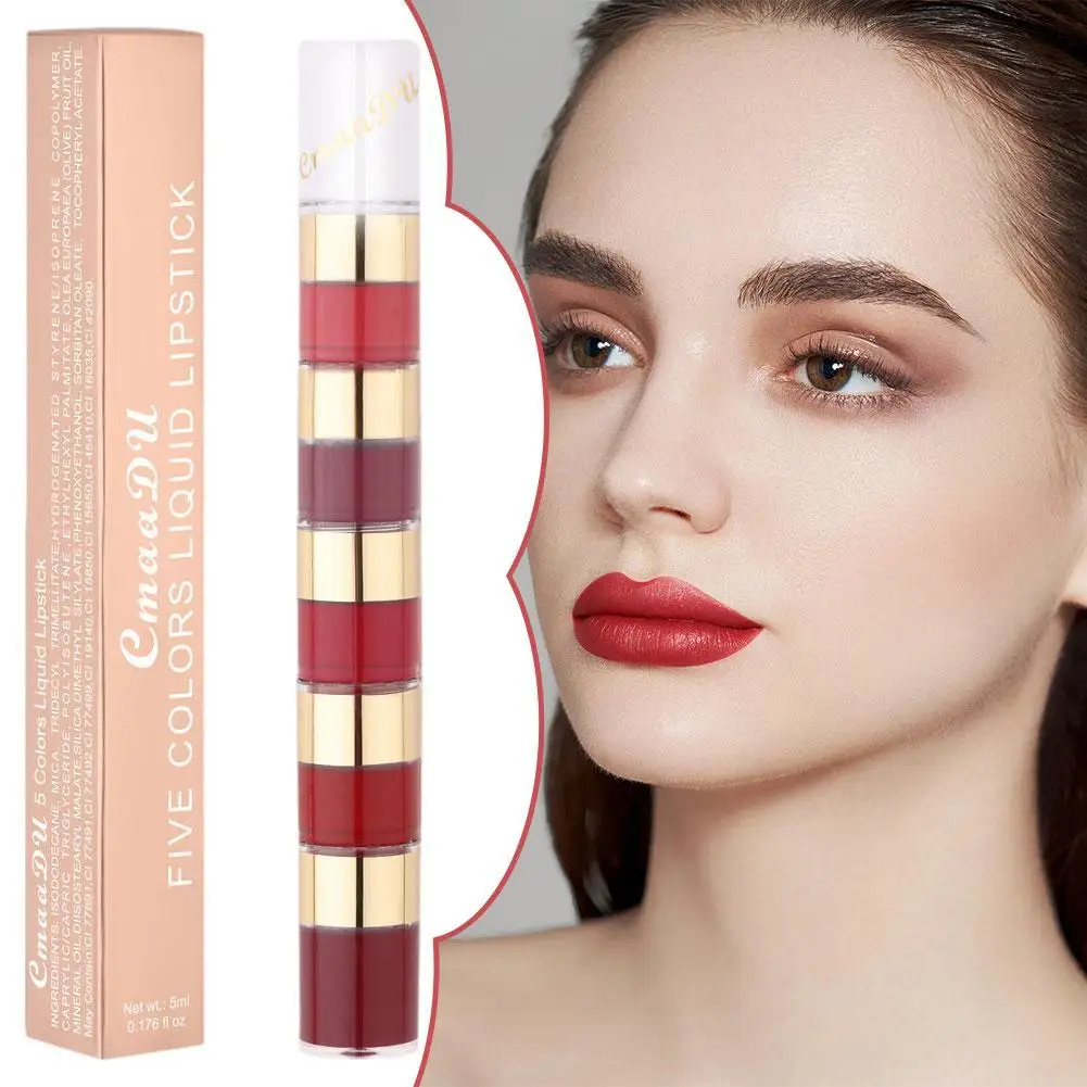 5 In 1 Lipstick Combination Matte Velvet Lip Gloss Waterproof Long Lasting Nude Lipstick Brightly Coloured 5 Sections Lip Gloss