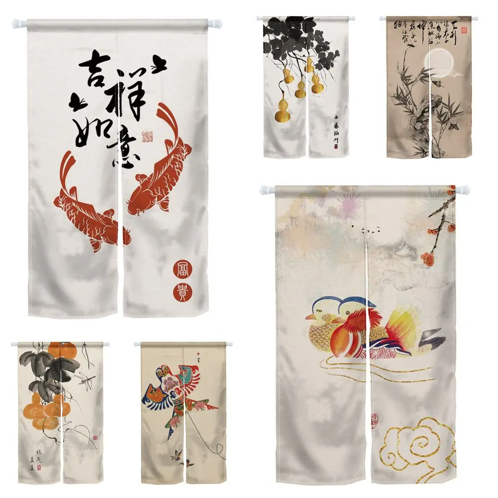 Japanese Split Noren Door Curtain Chinese Koi Fish Kite Linen Doorway Curtain Partition Kitchen Bedroom Entrance Privacy Drapes