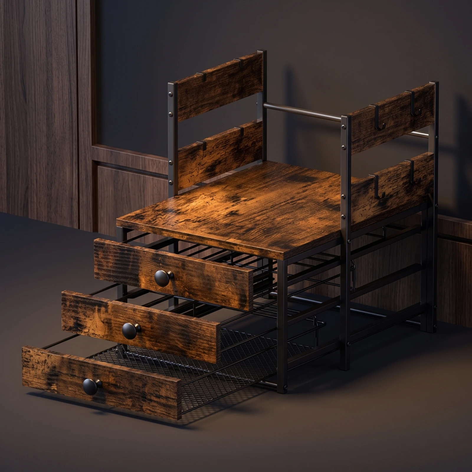Coffee Bar Shelf with Drawers Rustic Coffee Station Organizer with Drawer Mug Holder Sturdy Furniture Multifunctional view 5