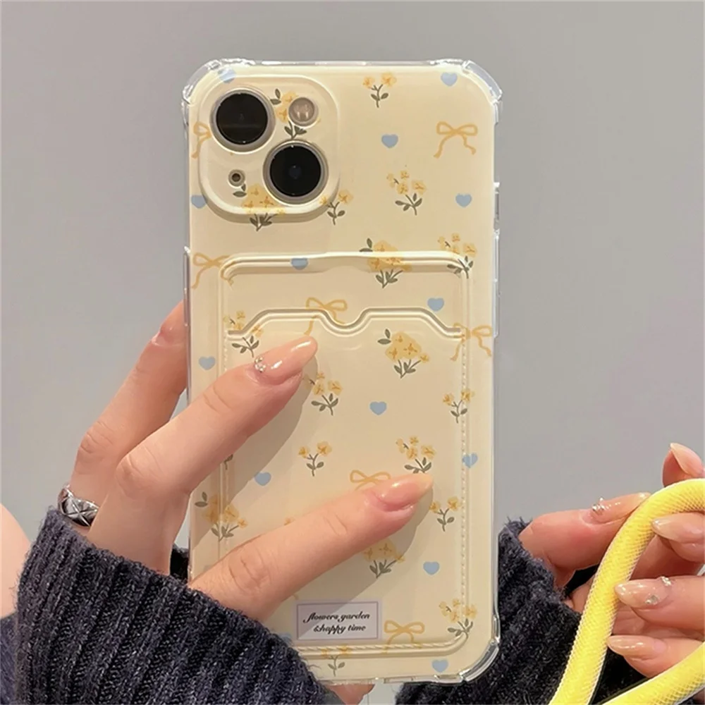 Korean Love Heart Flower Wallet Card Holder Bag Soft Back Phone Case For iPhone 12 13 14 15 Pro Max 11 Cute Shockproof Cover