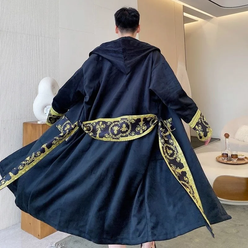 Thickened Winter Comfortable Velvet Light Luxury Hooded Long Nightgown Men's Fashion Robes Belted Warm Clothes 2Y2224