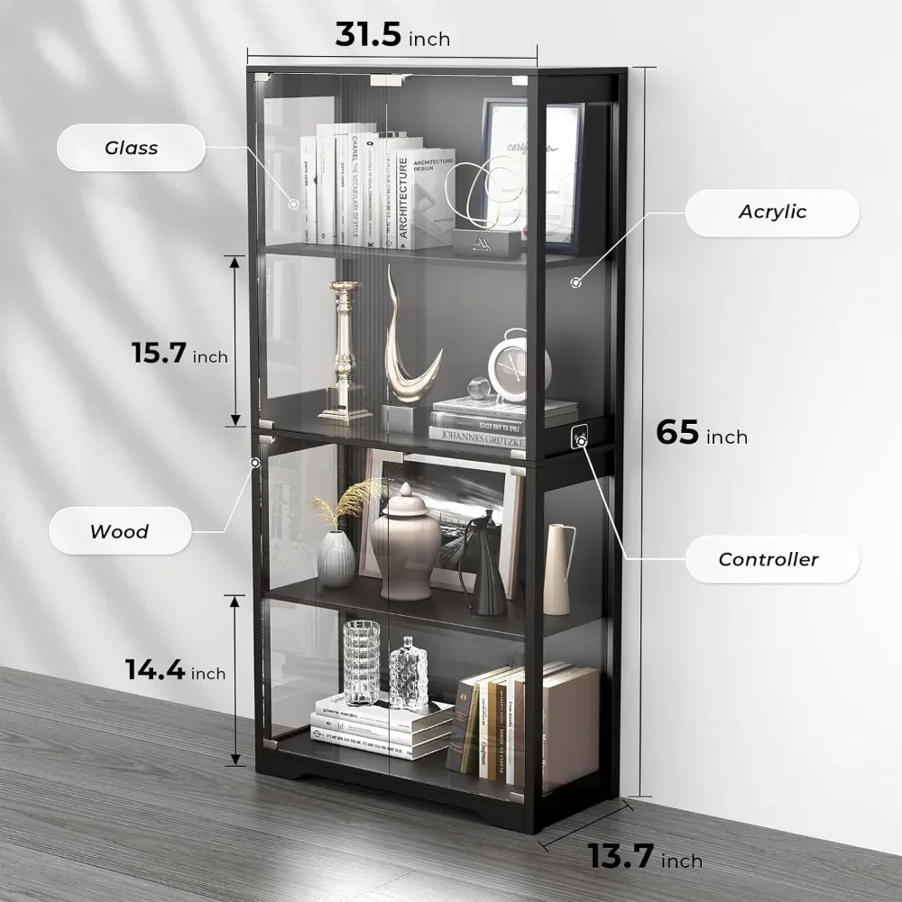 Display Cabinet with Glass Doors, Storage Cabinet with 3 Color Light, 4-Tier Curio Cabinet&Bookcase for Collectibles, Toys