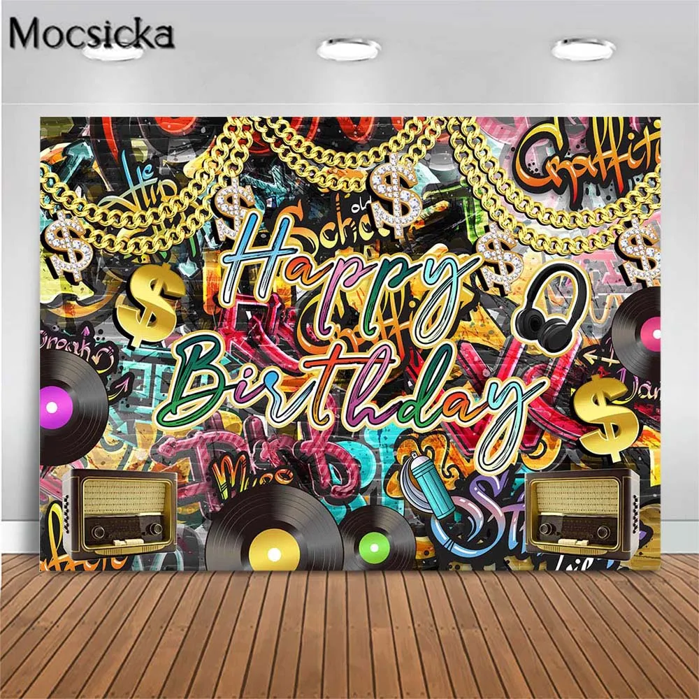 

Mocsicka Back to 80s 90s Retro Birthday Party Photo Background Hip Hop Graffiti Gold Chain Happy Birthday Photography Background