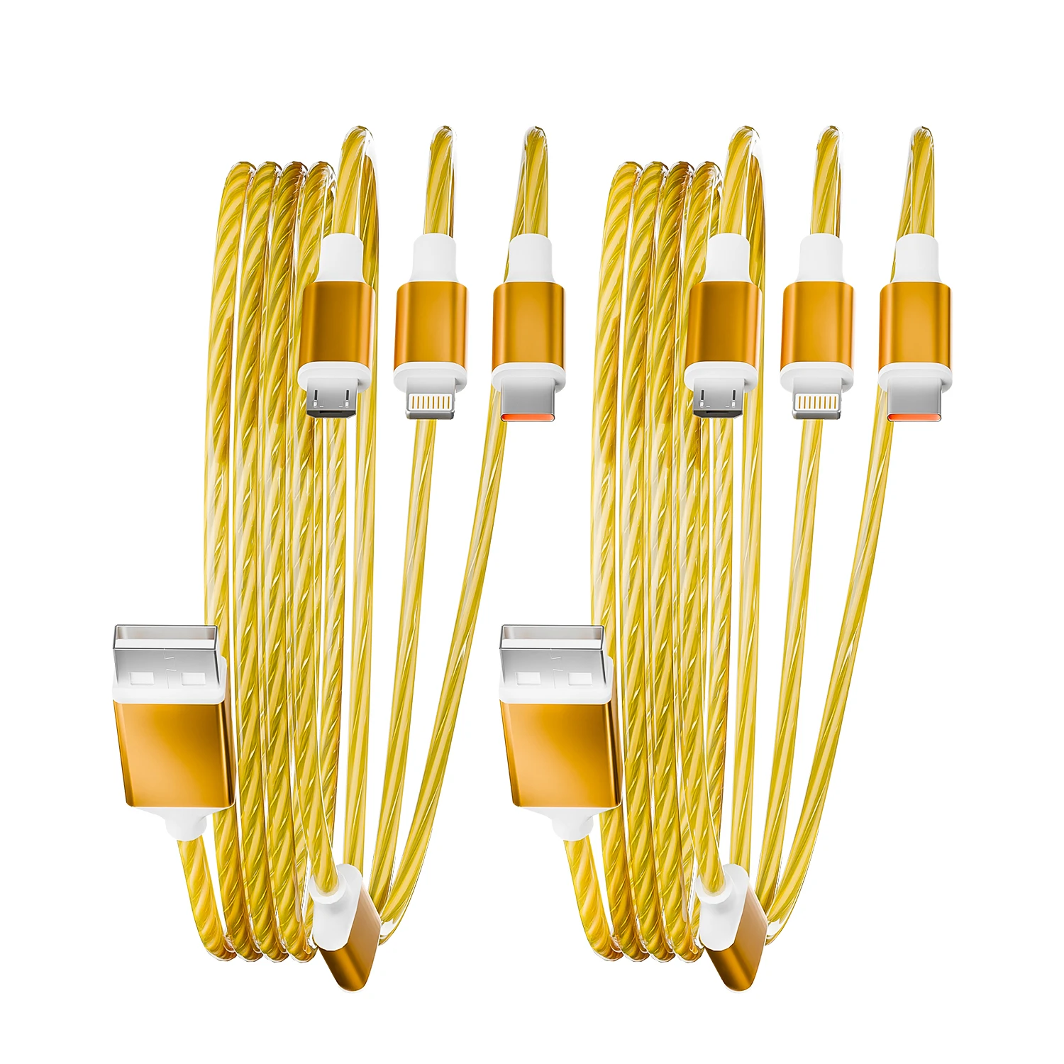 

2 шт., 4 фута, 3 в 1, желтый светящийся USB-кабель для быстрой зарядки с портами Type-C, Micro USB и IP, подходит для большинства мобильных телефонов