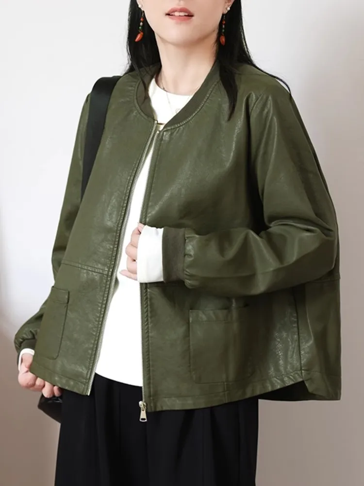 Spring New Loose Stand Collar PU Leather Jaet Women Art Slim Long Sve ort Outerwear Motorcycle Trendy Clothes