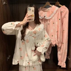 Cartoon Pajama Sets Women Pyjamas Warm Flannel Sleepwear Girl Pijama Set Suit Pant Home Korean Peach Sleep Lace Sleepwear