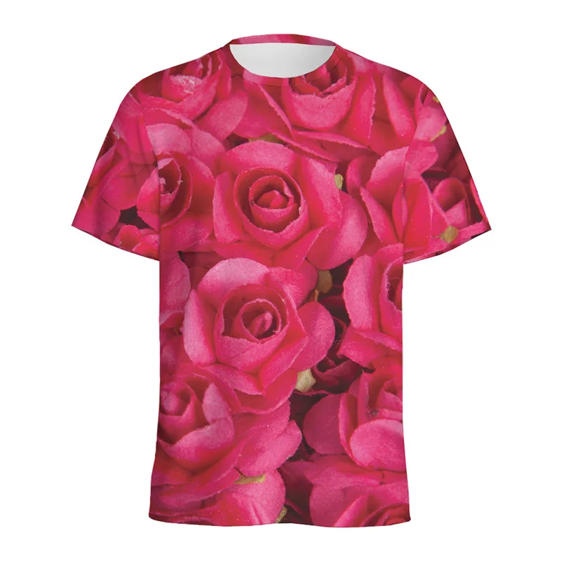 Red Pink Rose Flower Graphic T-shirt For Men Women 3D Printed Plants Floral T Shirts Round Neck Tees Tops Loose Short Sleeves